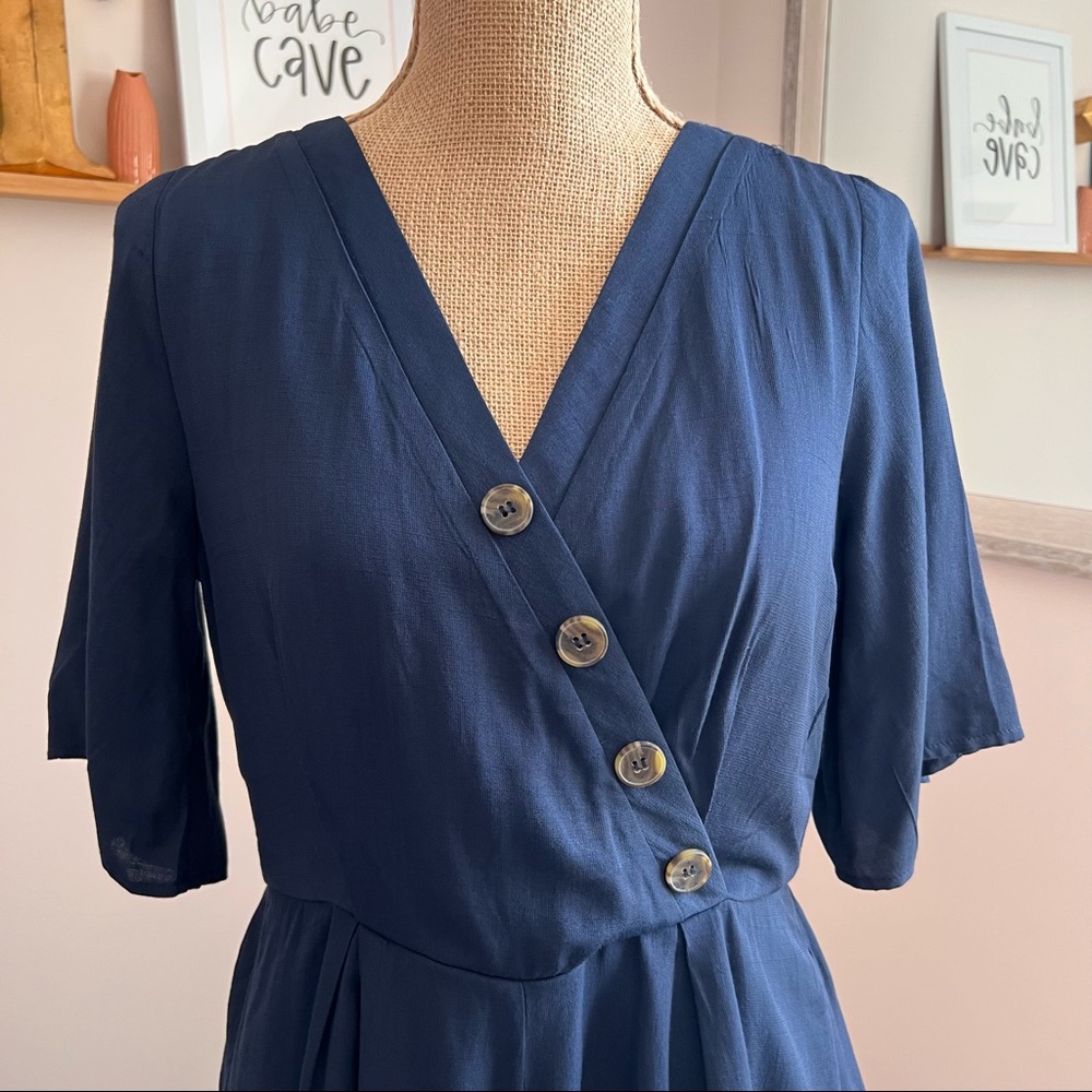 Navy Blue Button Surplice Open Back Romper - Picture 4 of 11